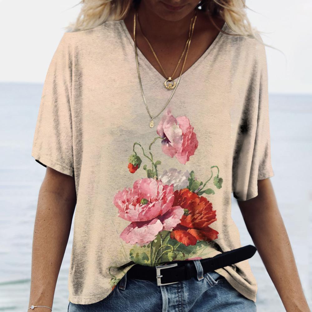 Summer V-neck 3D Printed Ink Wash Painting Flower Graphics Top Fashionable Casual Short Sleeved Women's T-shirts