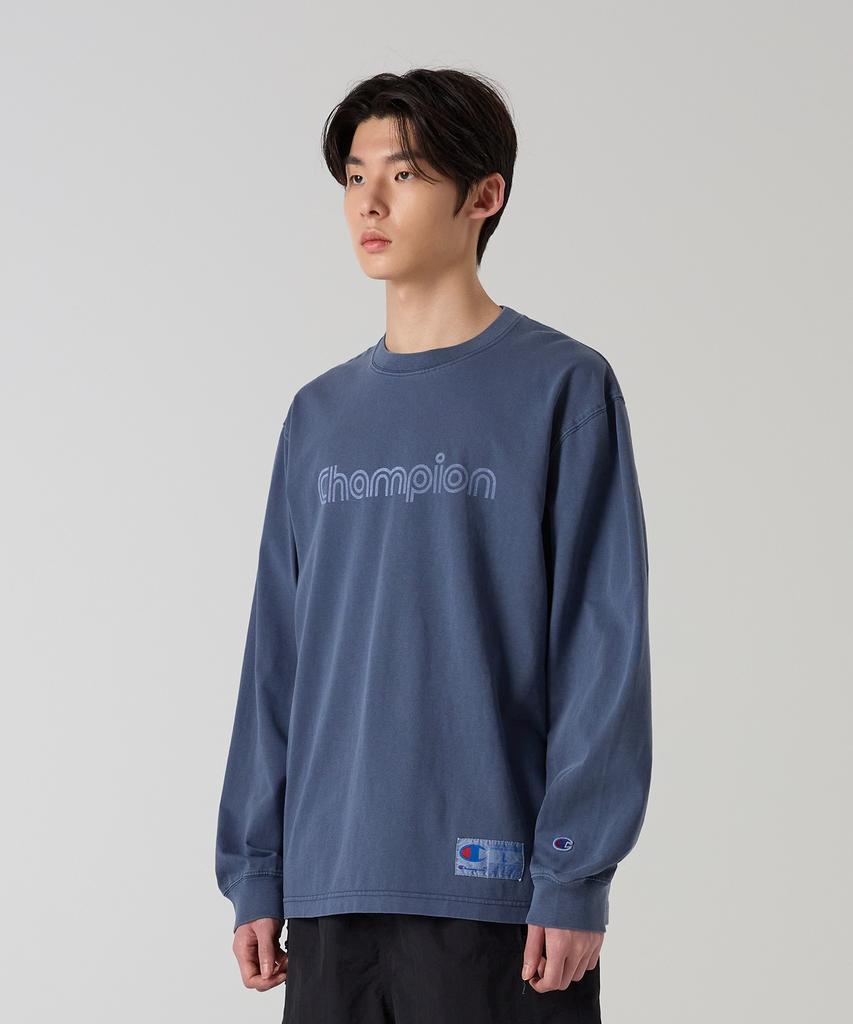 CHAMPION Track Logo Loose Fit Garment-Dyed Long Sleeve T-Shirt Blue