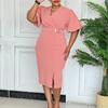 Women's V Neck Short Puff Sleeve Midi Dress Fitted High Waist Elegant Slit Pencil Dress Solid Color Office Commute Dress
