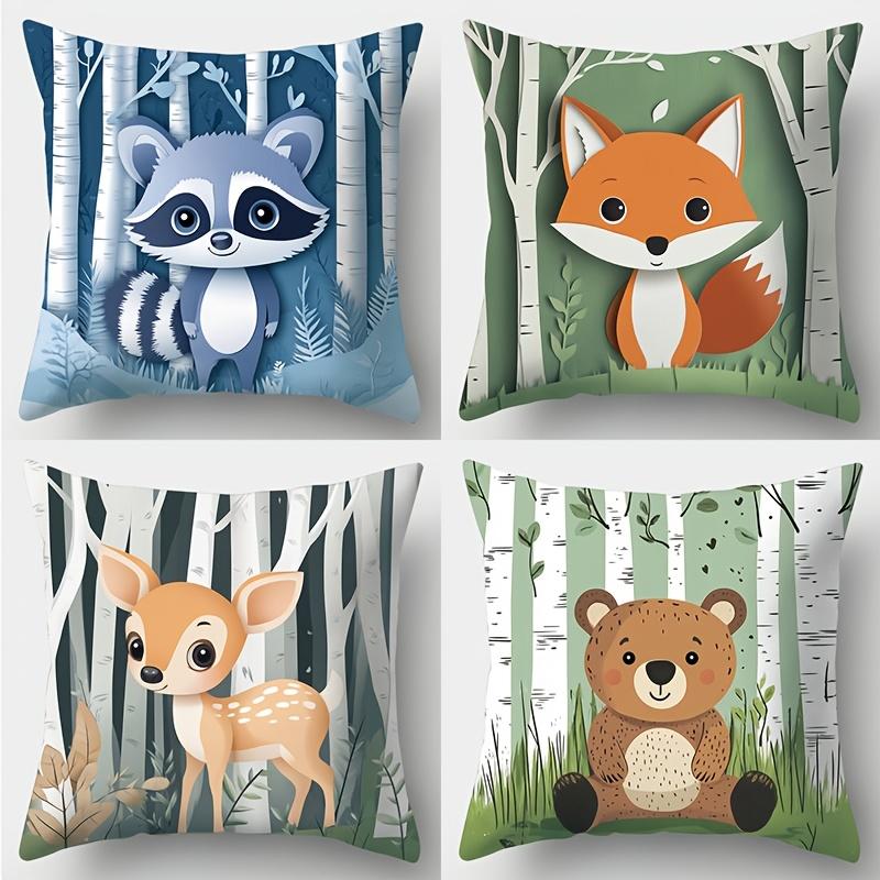 4-delige set bedrukte kussenslopen. Cartoon bosdierenpatroon, geschikt voor kamerdecoratie, woonkamer- en bankdecoratie 35x35cm