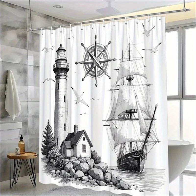 Retro Nautical Shower Curtain - Lighthouse & Sailing Ship, Spiral Staircase, Seagulls & Compass Rose, Polyester,70.8x70.8 Inches