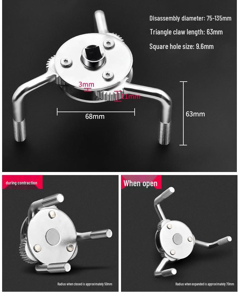 Adjustable Non-Slip Three-Jaw Oil Filter Removal Wrench