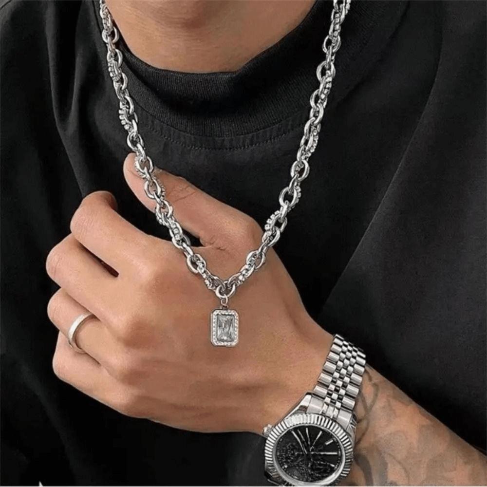 Trendy Stainless Steel Necklace Geometry Choker Chain Rhinestones Geometry Necklace Men