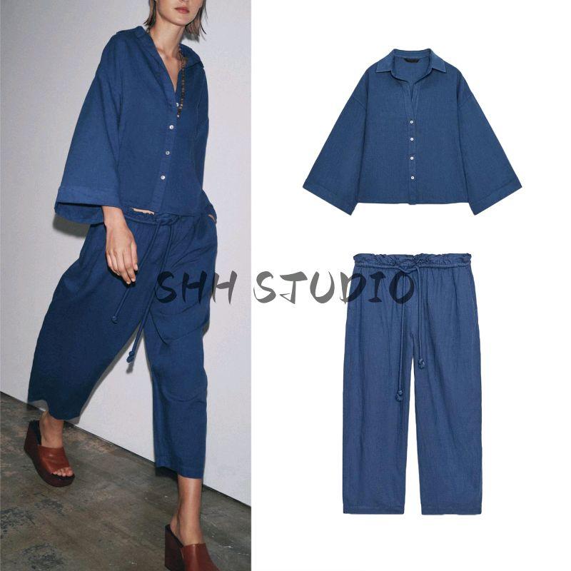 Linen Blended Lapel Long Sleeve Shirt Tops 4043012 Series with Decorations Mid Waist Casual Pants 4043246