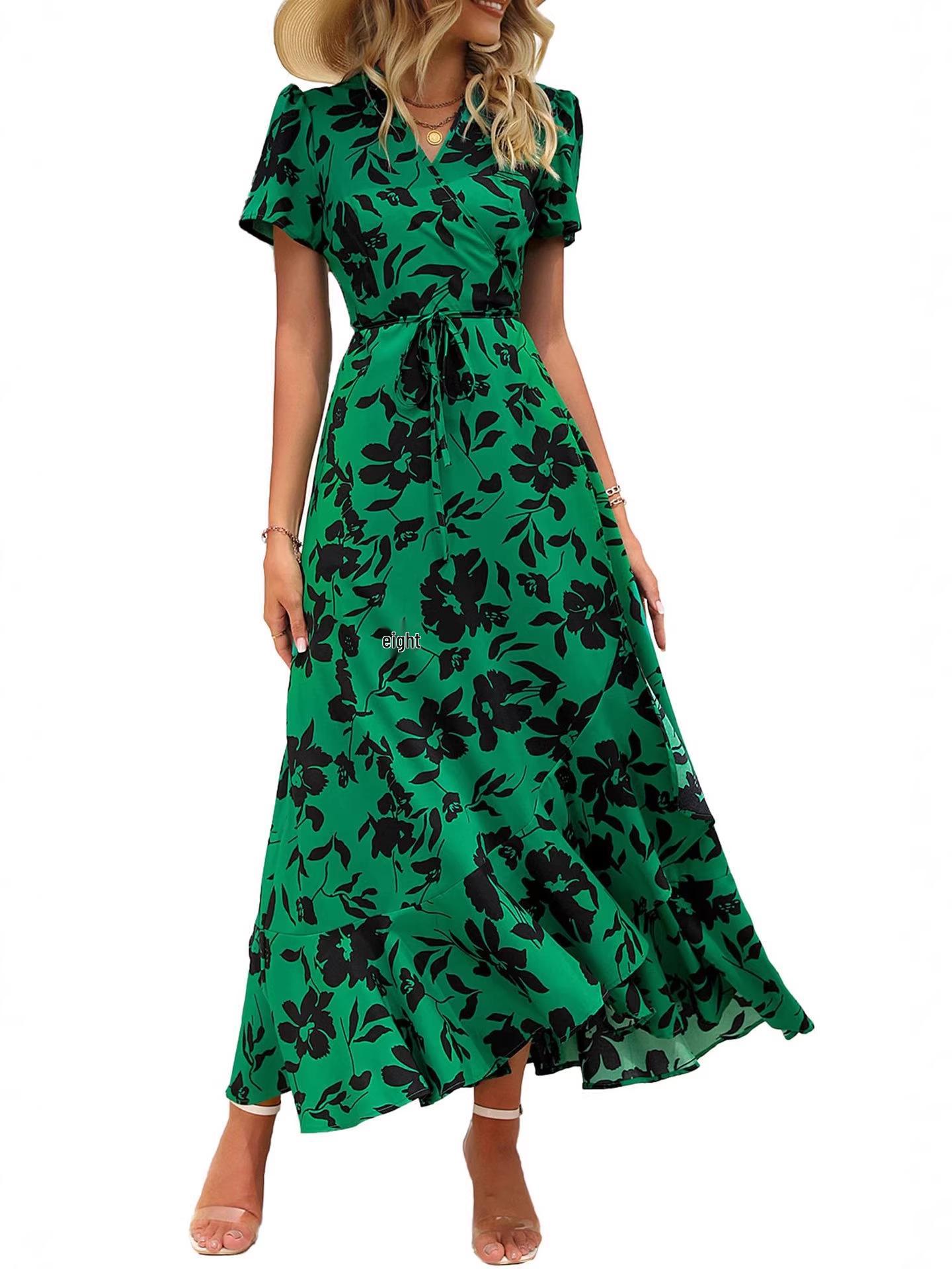 2026 Women s Elegant V-Neck Digital Print Long Dress - Short Sleeve Casual Fashion L зелёный