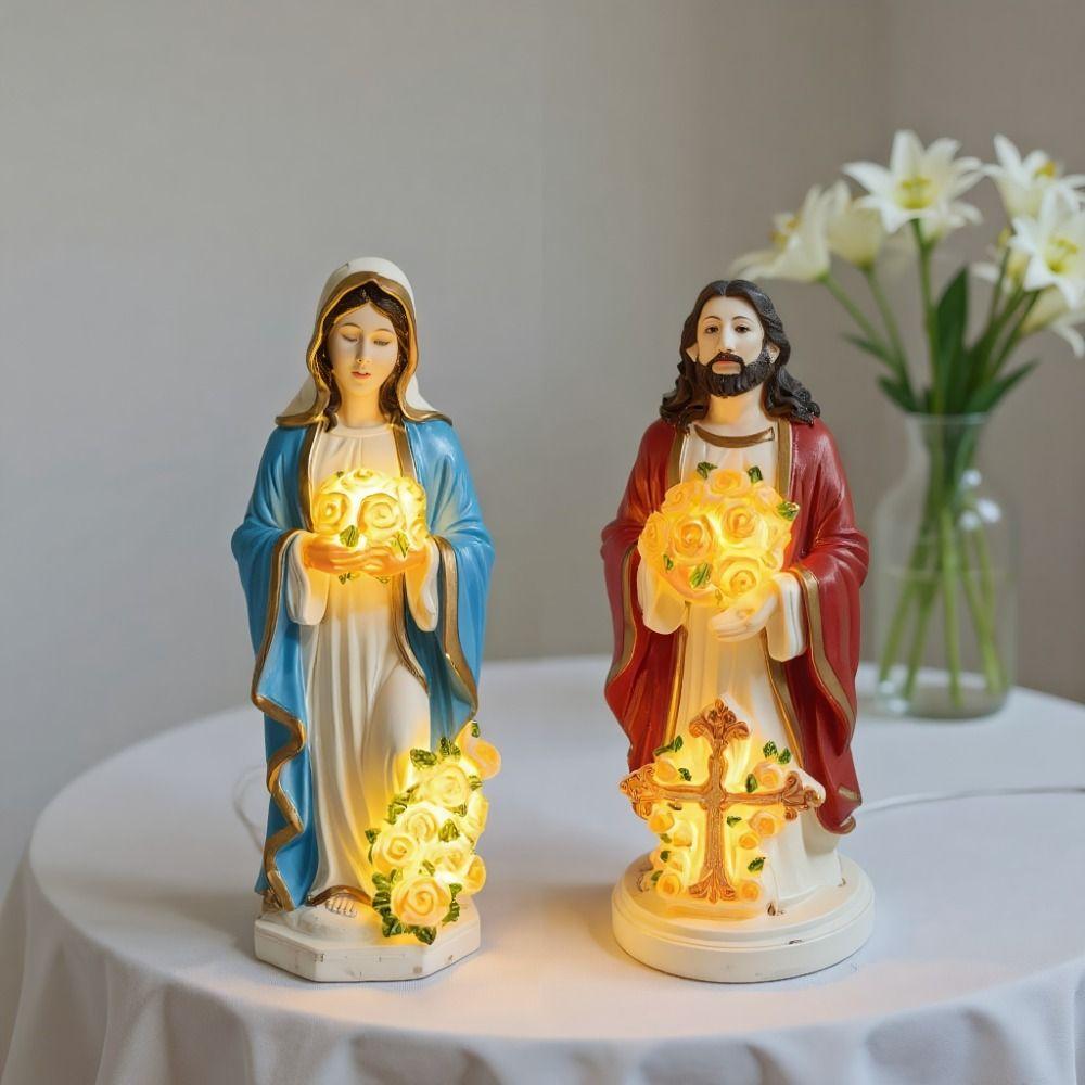 Resin Blessed Mother Sculpture Lighted LED Jesus Christ Figurine  Outdoor Garden