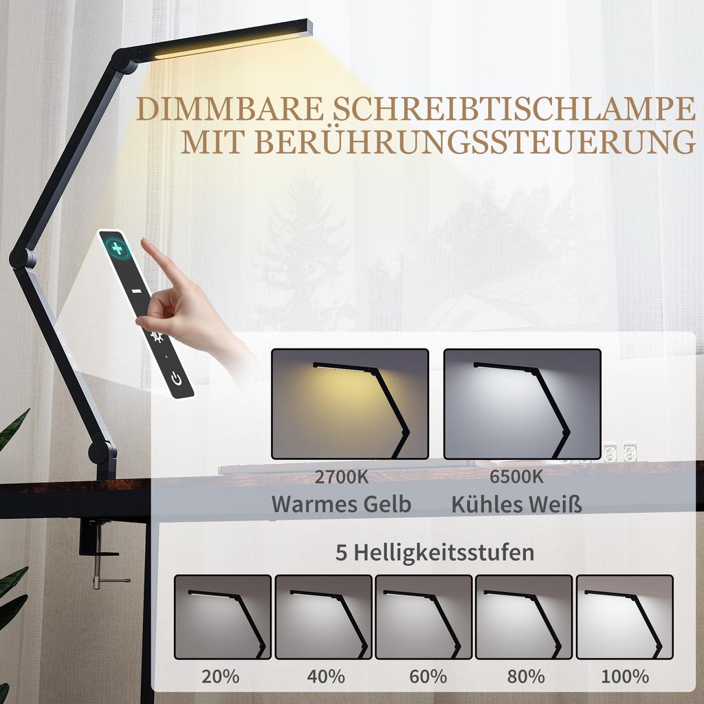 Desk Lamp, Adjustable Brightness and Color, Metal Clamp, 96 LEDs, Black