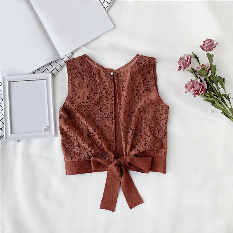 Women's Top Sleeveless O Neck Solid Casual Lace Up Backless Lace Stitching T-Shirt
