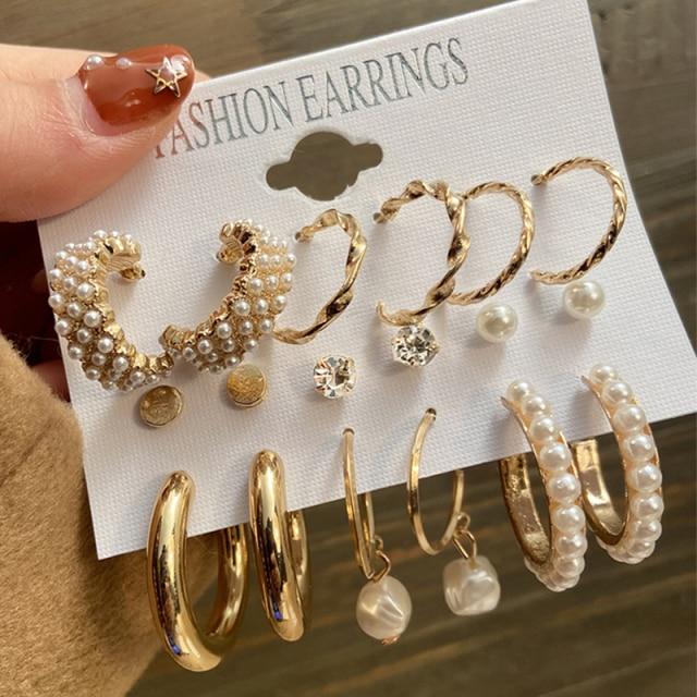 17KM Trendy Metal Pearl Stud Earrings Set for Women Vintage Gold Color Round Square Earrings Set of Earrings Gifts Jewelry