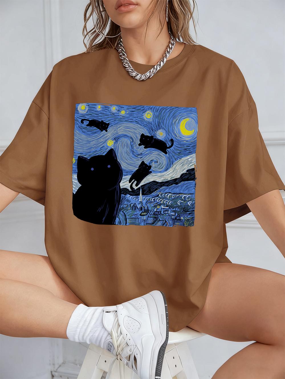 

The Starry Cat Night Printing TShirts Womens Cotton Summer Short Sleeve Tops Soft Loose ONeck T Shirt Casual Womans Clothes S