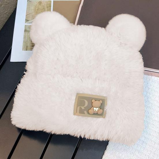 Women Knitted Hat Windproof Warm Solid Color Elastic Winter Hat Bear Ear Decor Cold Weather Plush Hat