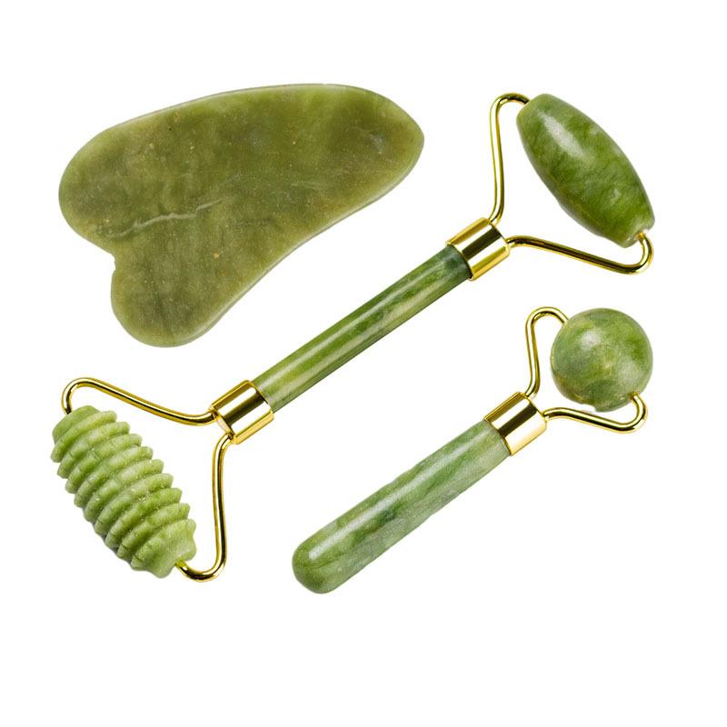 Woman Roller Jade 3-piece Set Massager Face Eyes Neck Forehead Beauty Scraping Pebble Facial Massage Stick