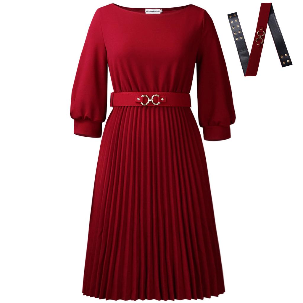New Women's Clothing - Stylish and Elegant Round-neck, Three-quarter Sleeve Pleated Dress