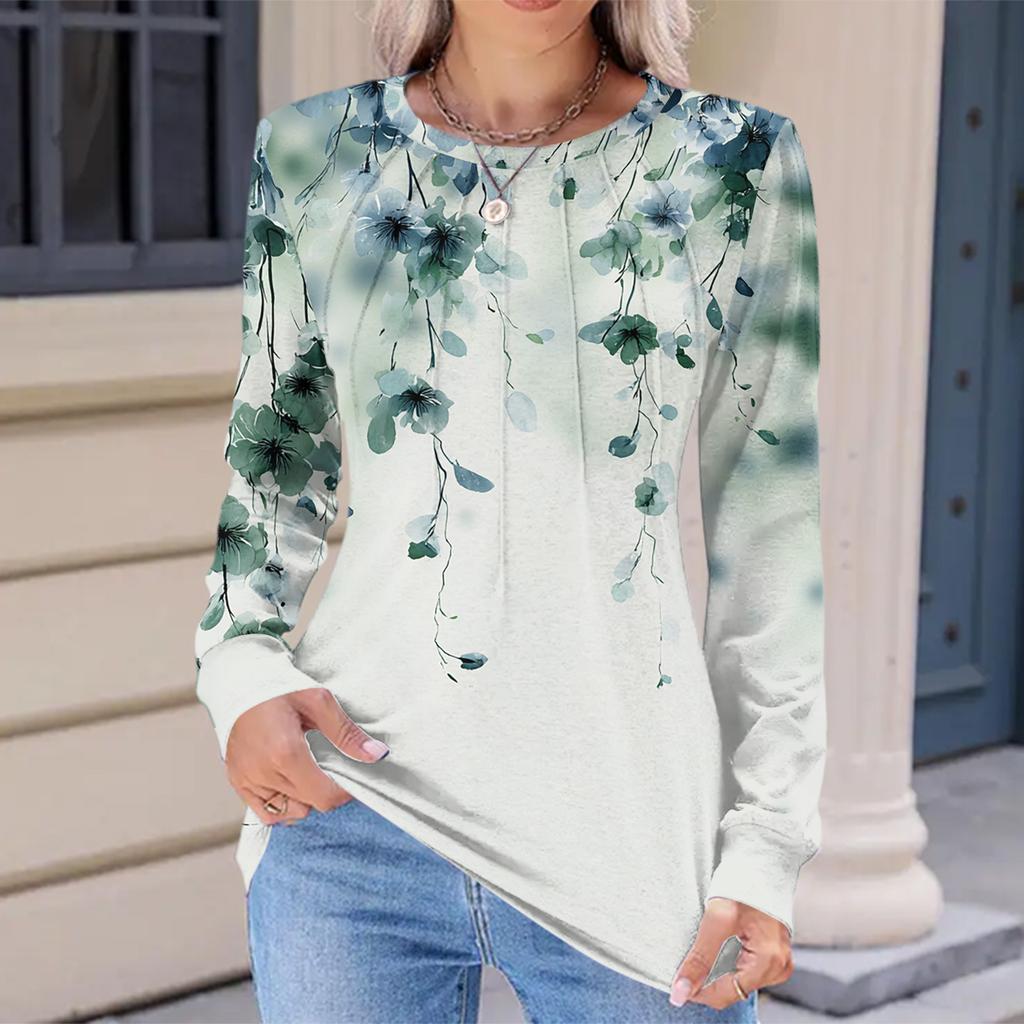 Women's Fashionable Casual Floral Retro Print Pleated Comfortable Round Neck Loose Long Sleeve T-shirt Top