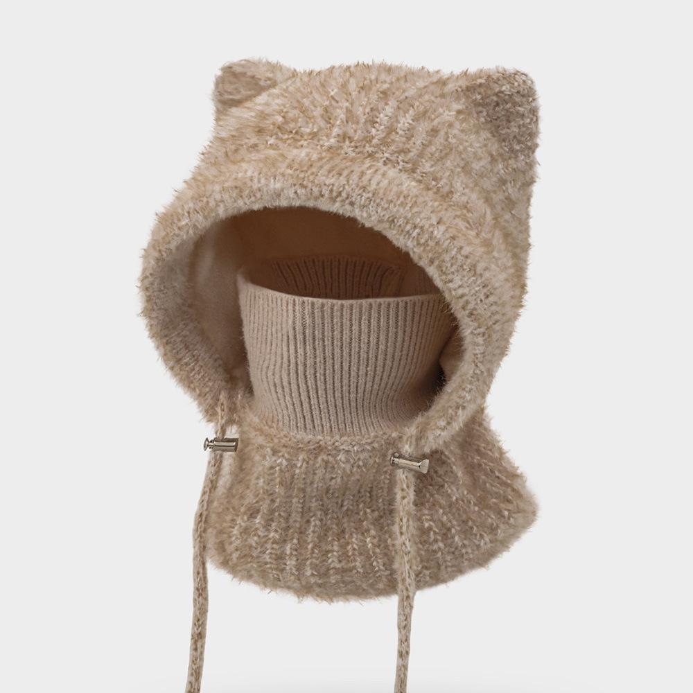 Winter riding windproof ear protection warm knitted hat cat ears scarf mask integrated hat fleece thickened cold hat