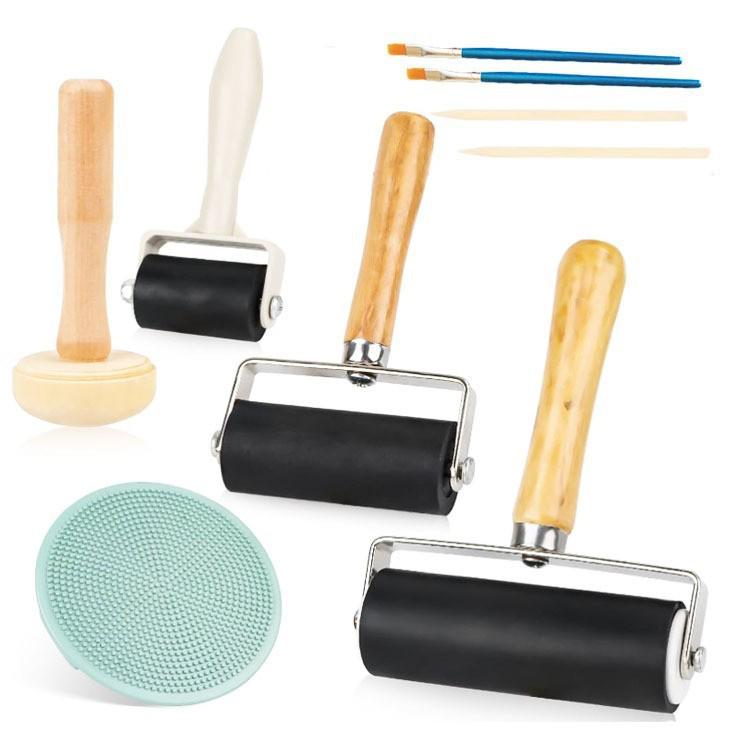 

Printmaking Tool Set: Woodcut Roller, Brayer, Mushroom, Bamboo Skewers for Students 9-piece Set (Bag)