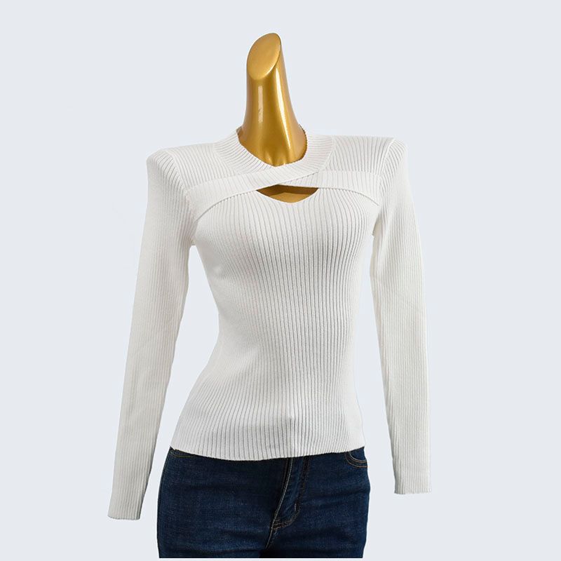 Autumn and Winter Soft Glutinous Round Neck Hollow-out Short Silm Stretch Comfortable Long Sleeve Knitted Inner Match Stylish