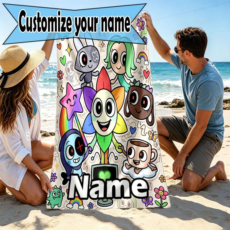 Custom Name Personalized Dandy's World Print Beach Towel, for Trip Camping Beach Party Home Decor, Birthday Gift for Family & Friends
