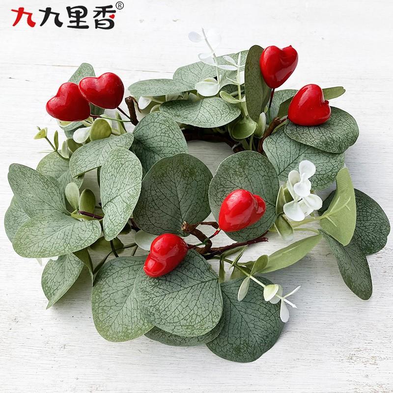 Valentines Day Heart-Shaped Candle Wreath With Eucalyptus Leaves Fabric Floral Decor Wedding Party Home Photography