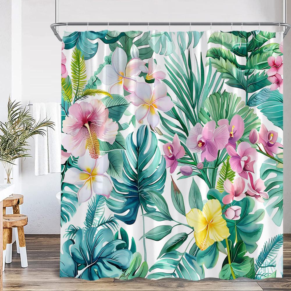 Tropical Leaf Shower Curtain Green Leaves Tropics Jungle Flower Floral Bathroom Decor Plants Polyester Bathtub Curtain with Hook
