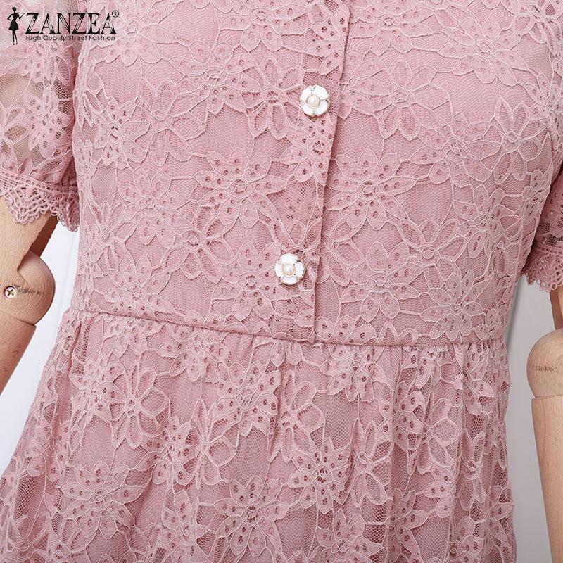 ZANZEA Women Casual Round Neck Short Sleeve Elegant Lace Patchwork Dress