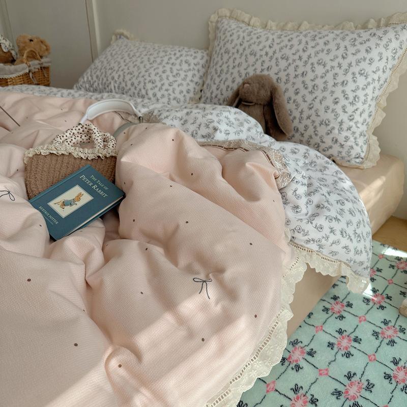Seersucker Floral Bedding Four-piece Set Washed Skin-friendly Breathable Sheets Quilt Cover Pillowcase