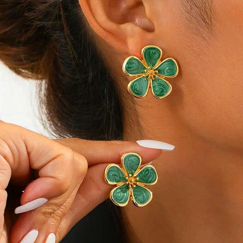 Vintage Colorful Drip Glaze Enamel Flower Stud Earrings for Women Elegant Sweet Petal Earrings Engagement Jewelry Gift