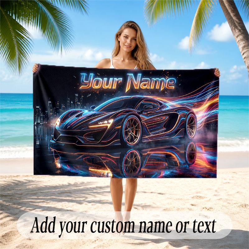 Car Racing Theme Beach Towel Personalized Custom Name & Text Soft Quick Dry Beach Towel for Swimming Travel