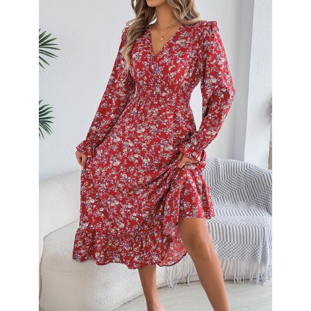 Women's Elegant Floral Cross V-Neck Waist Ruffle Long Dresses