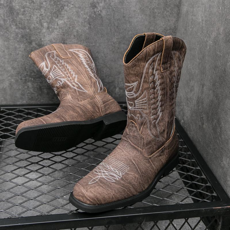Fashion Luxury Cowboy Boots Men Vintage Knight Shoes Outdoor Casual Leather Embroidery Flat Designer Motorcycle Boots 2024New West Boot