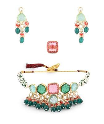 Multicolor Stones & Beads Multistrand Beaded Kundan Choker Necklace Earring & Ring Set For Women