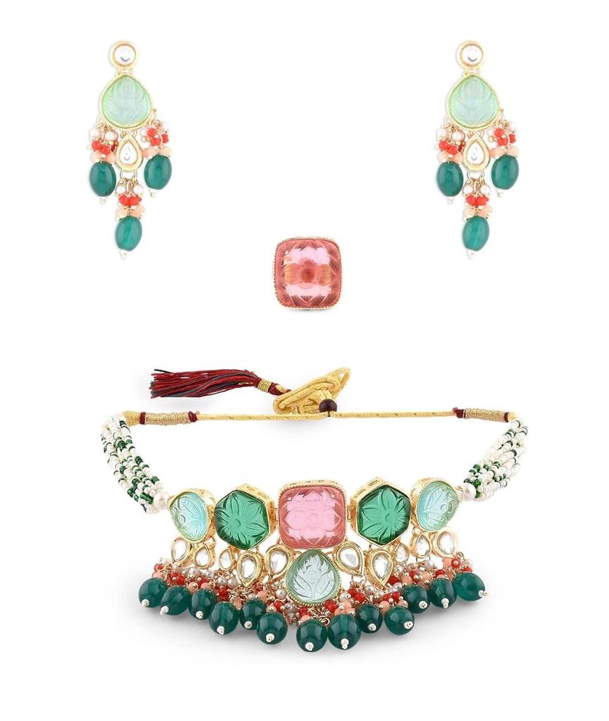 Multicolor Stones & Beads Multistrand Beaded Kundan Choker Necklace Earring & Ring Set For Women