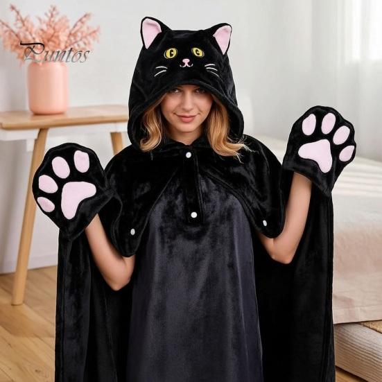 Comfortable Loungewear for Women Halloween Wearable Blanket Hoodie, Cozy Hooded Highland Cow Cape, Soft Festive Winter Throw Plush Sloth Black