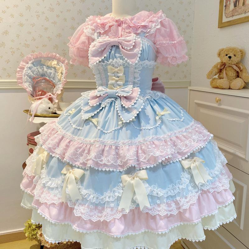 Letní sladké Lolita šaty Roztomilé princeznovské Mašle Krajka Sladké Dlouhé Dortové
