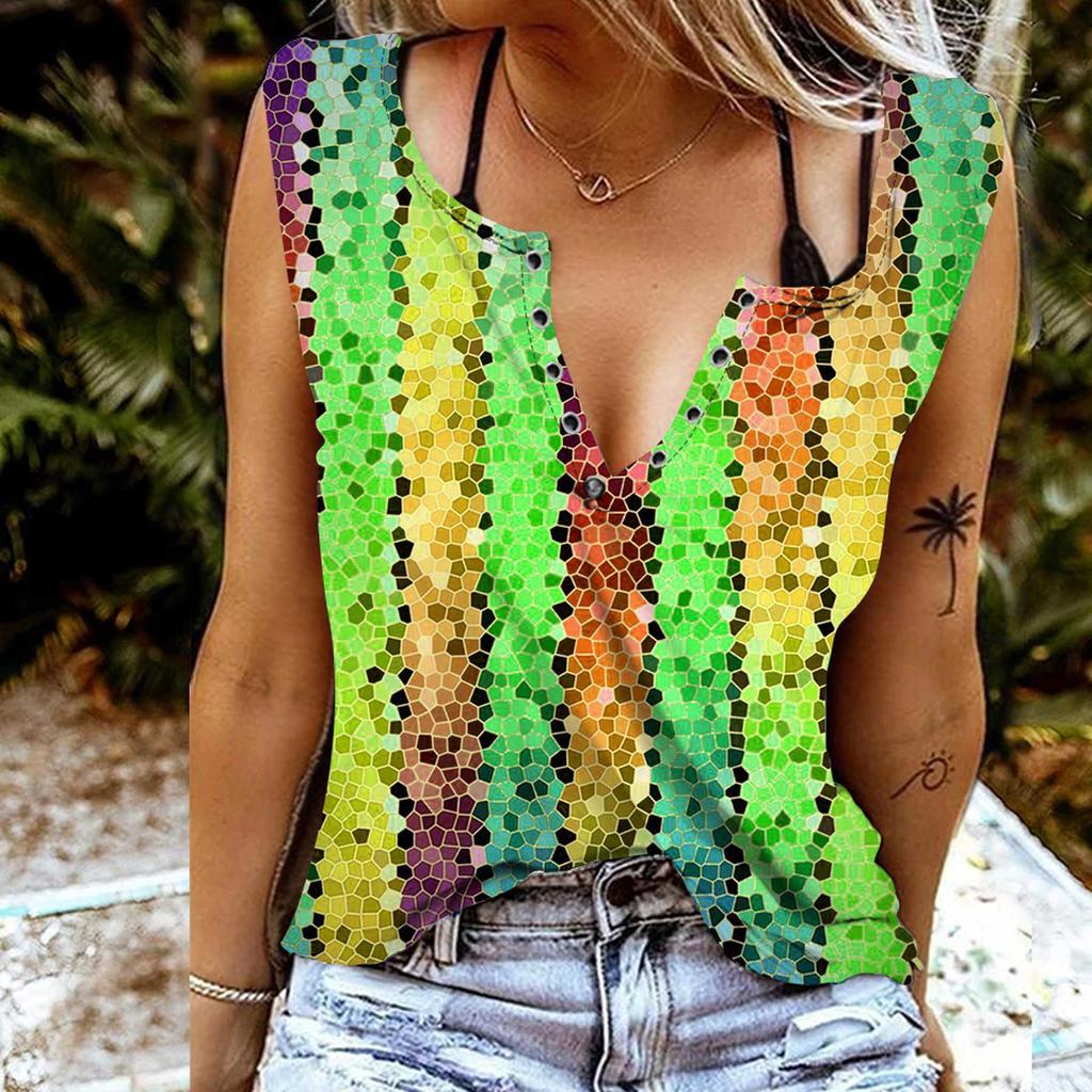 Camisetas de Tirantes para Mujer Sexy Cuello en V Sin Mangas Tops de Verano Chaleco Estampado de Patrón Multicolor 3D Tops Frescos Ligeros