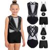 Kids Girls Gymnastics Dance Set Sleeveless Crisscross Back Shiny Rhinestones Color Block Metallic Leotard with Shorts Hairband and Drawstring Backpack