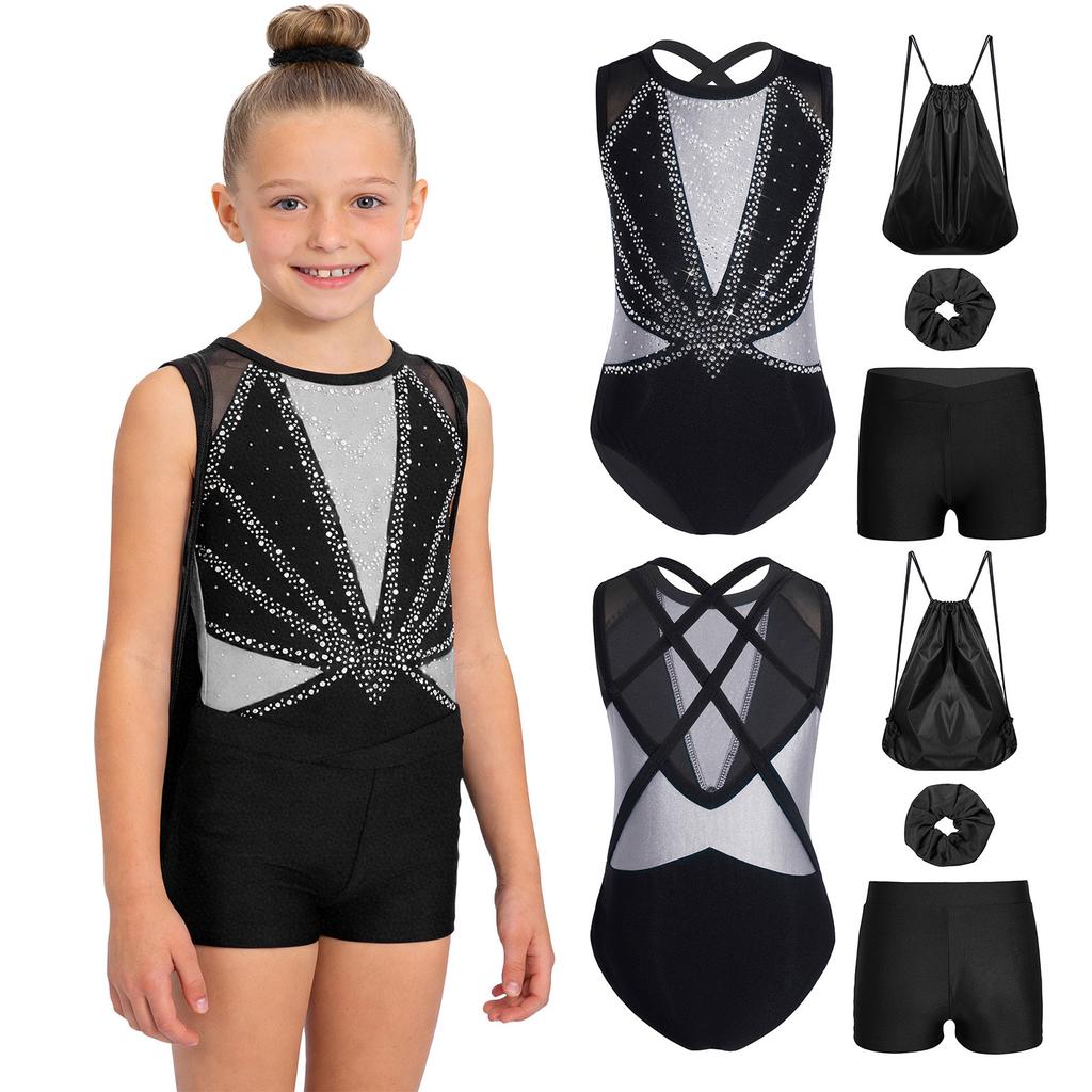Kids Girls Gymnastics Dance Set Sleeveless Crisscross Back Shiny Rhinestones Color Block Metallic Leotard with Shorts Hairband and Drawstring Backpack