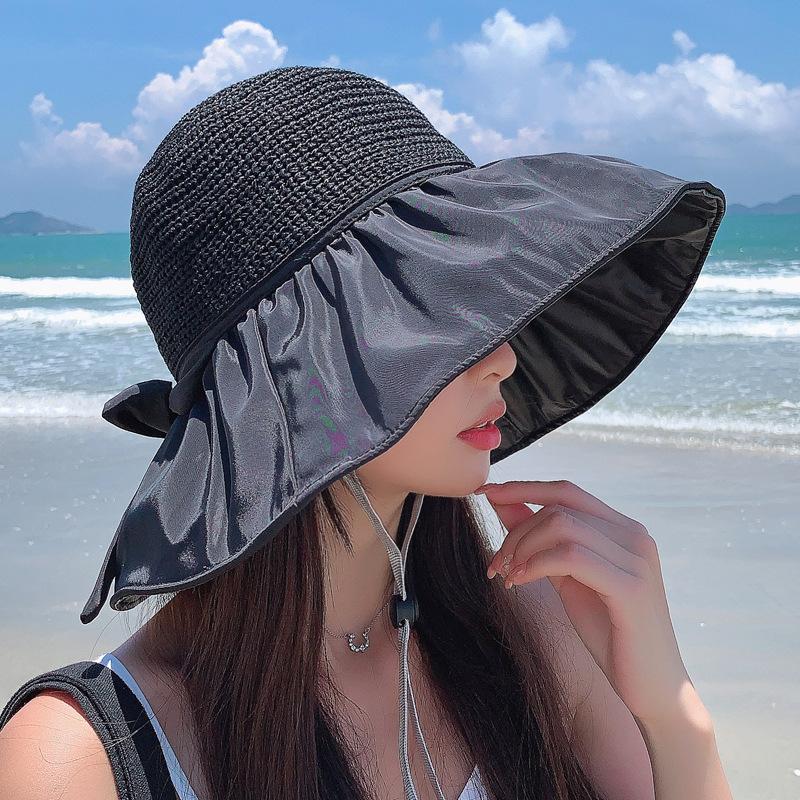 

Lu Ni Shi Черная виниловая шляпа от солнца с широкими полями Летняя шляпа-тень Круглая шляпа в японском стиле Солнце 55-59cm