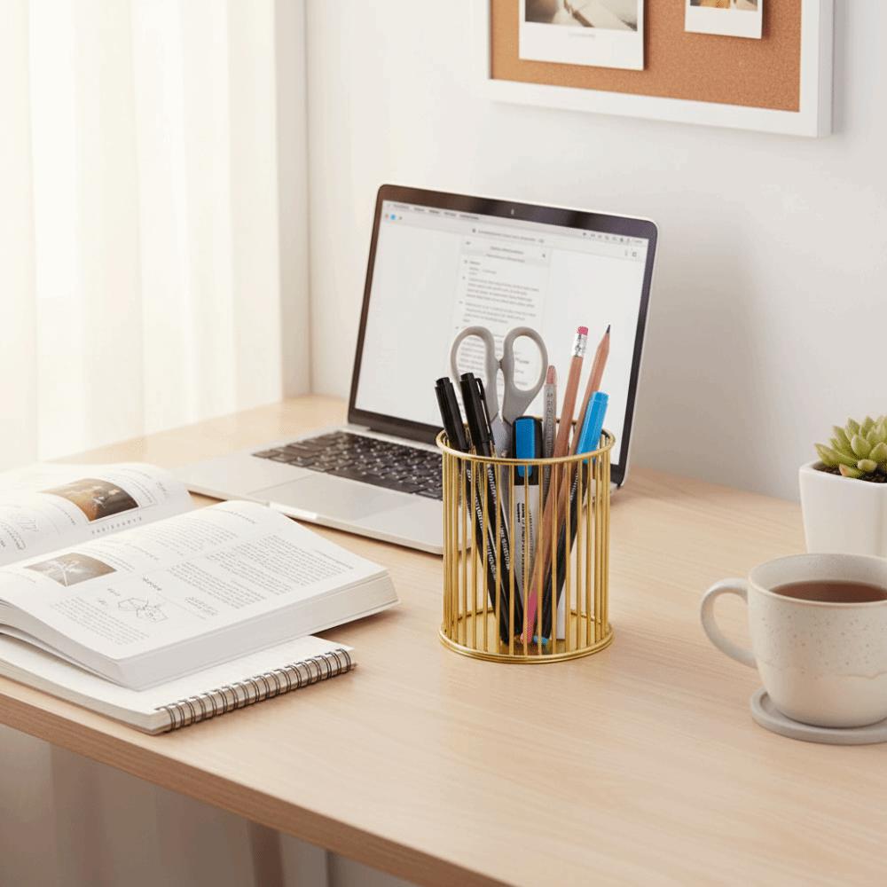Gold Color Pen Holder Metal Material Pencil Organizer Storage Bucket Desktop Organizer  Office Use