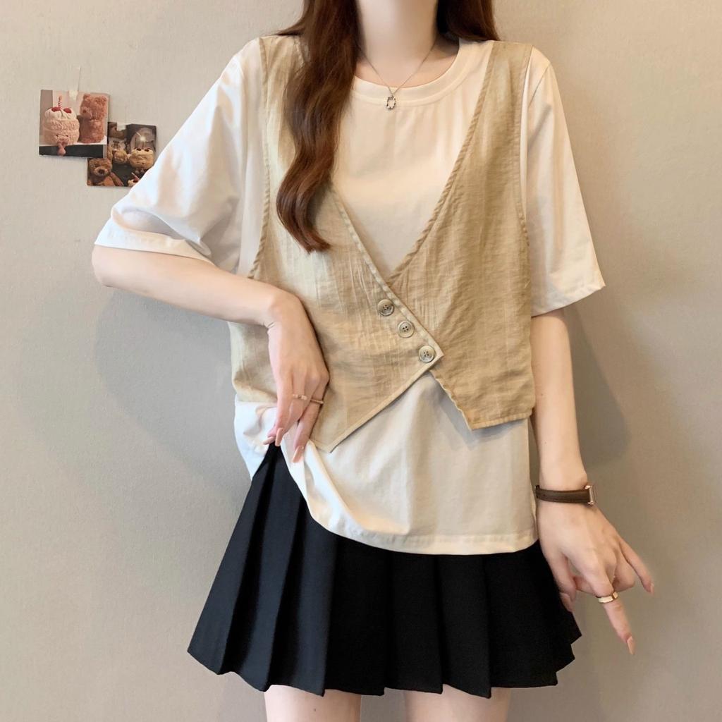 Fake Two-piece Short Sleeved T-shirt Women New Summer Slim Irregular Regular Shoulder Spliced Top