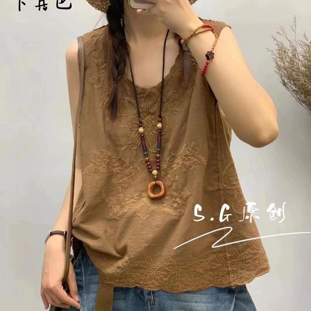 Summer new product literary embroidery cotton vest T-shirt sleeveless bottoming top women's thin outer wear thin suspenders