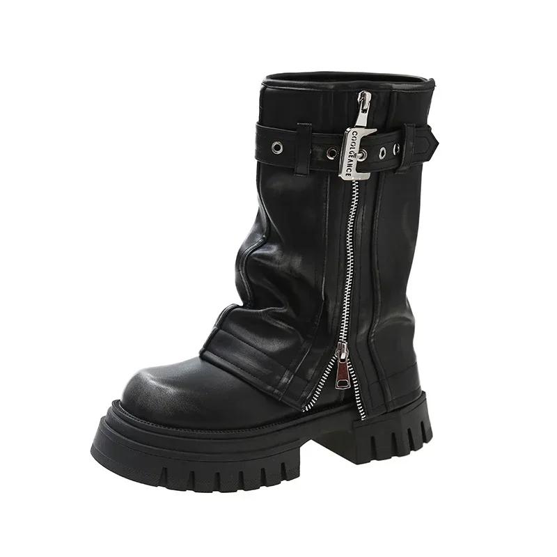 Fashion 2025 New Shoes for Women Belt Buckle Women's Boot Fashion Side Zipp Modern Boots Women High Quality Round Toe Mid-Calf Zapatos