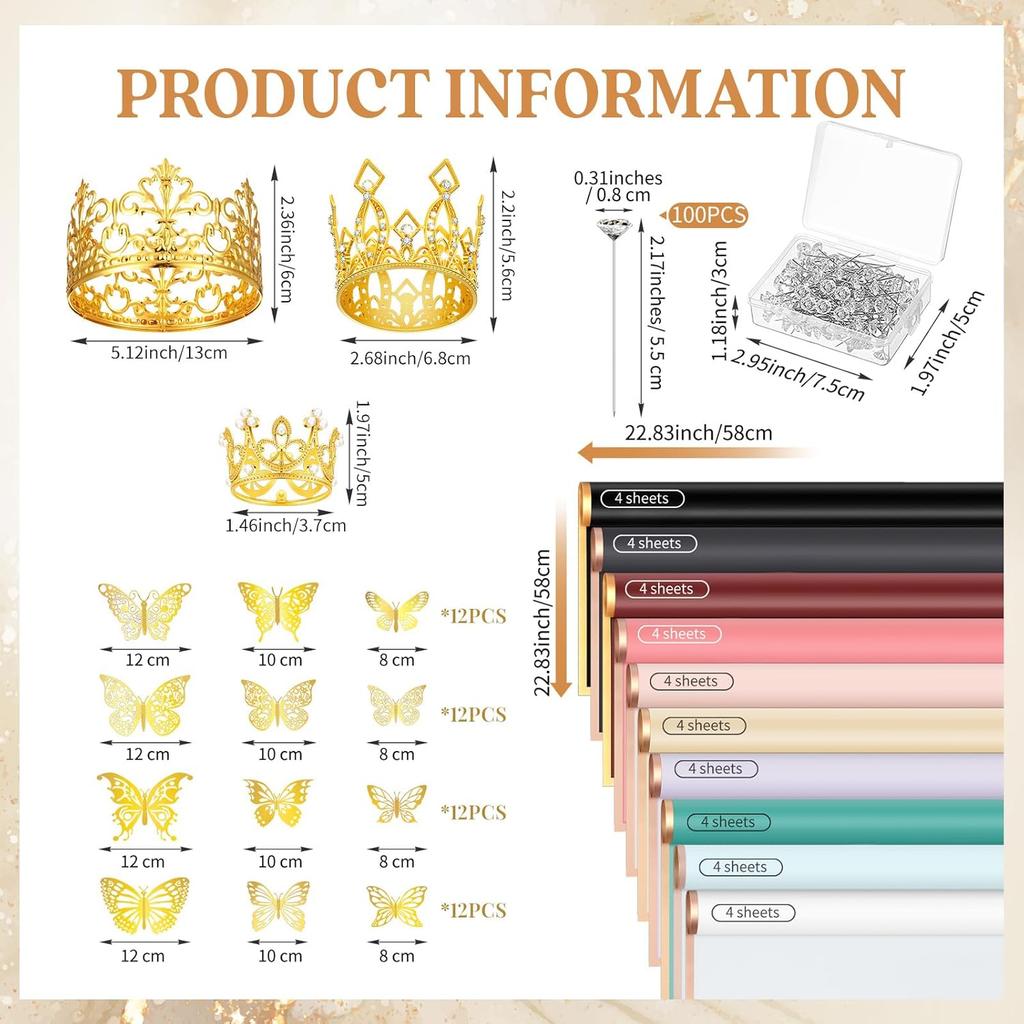 Qeeenar 40 Sheets Flower Bouquet Wrapping Paper Waterproof Florist Bouquet Packaging Paper with 3 Pcs Crowns 48 Pcs 3D Butterflies Decor 100 Pcs