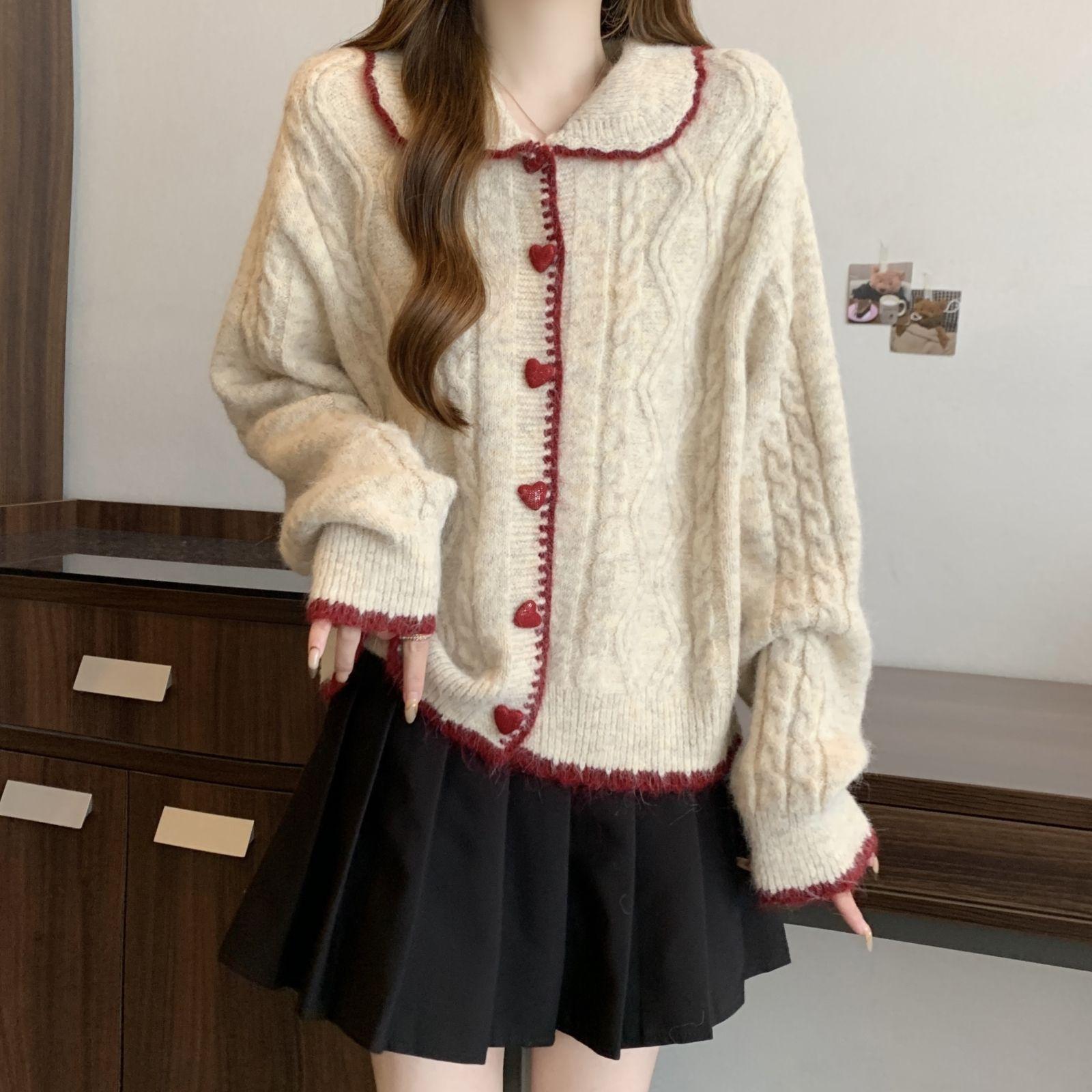 

Women s Love Button Doll Neck Sweaters Vintage Fried Dough Twists Loose Knit Coat Autumn Casual Single Breasted Female Tops S