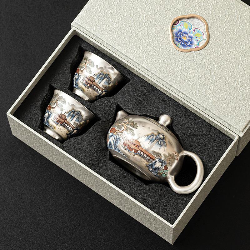Silver-plated Ten-Thousand-Li Mountain and River Tea Set - Premium Luxury Tea Pot - Birthday and Christmas Gift