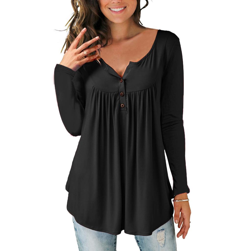 Women's Casual Loose Solid Color Long-sleeved Loose  Button Pleated Top