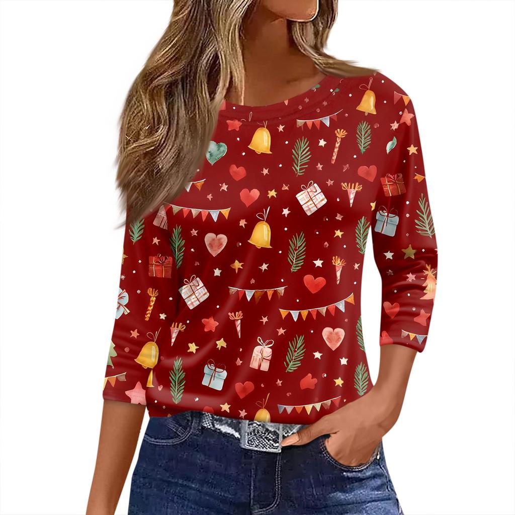 Women's T Shirt Christmas Print 3/4 Sleeve Daily Weekend Fashion Basic Round Neck Regular Top
