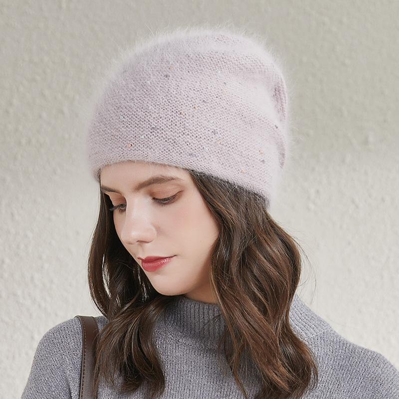 RTS Stock Winter Womens Knit Hats Angola Wool Warm Knitted Beanie Custom Colored Thread Ski Hat Fluffy Skull Hat