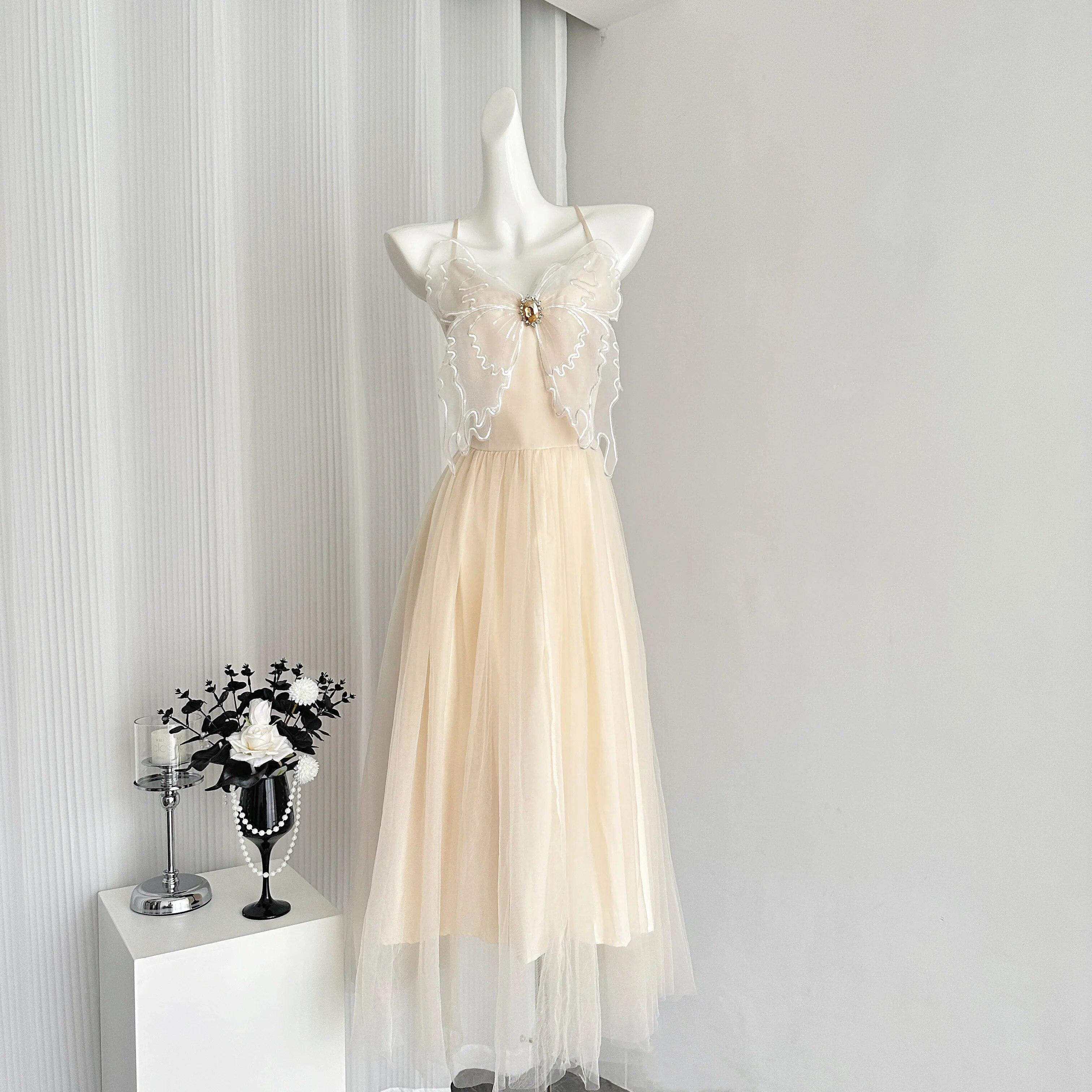 

Милое французское платье макси из тюля с бантом на бретельках для летних каникул — шикарное женское платье без рукавов L бежевый