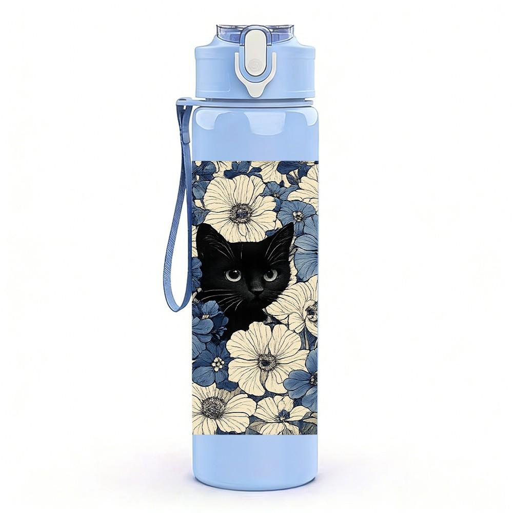 1PC Cat Dark Blue Retro Plaid Pattern Print 750ml Color Plastic Sports Water Bottle Leakproof Flip Straw Lid Suitable for Sports Office Home Use
